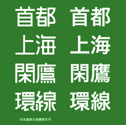 日本高速公路字體之所以長得跟一般文字不一樣，是為了讓駕駛人在時速 100 公里、距離 140 公尺時，在 5~6 秒之內就能清楚辨識（圖片引用自 justfont）